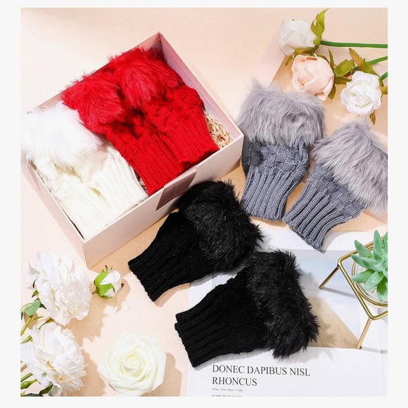 🆕 4 Pairs Knit Fingerless Winter Gloves Black Red White Grey Texting Gloves - Picture 6 of 7